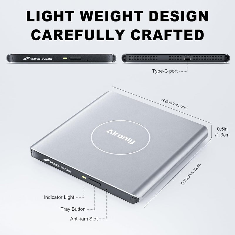 Alronly External CD/DVD Drive for Laptop/PC, USB 3.0 Type-C USB Portable Alloy Player for Computer CD DVD +/-RW Disk Drive CD Burner Writer Reader Compatible with Desktop Windows Apple Linux (F03) - Image 3